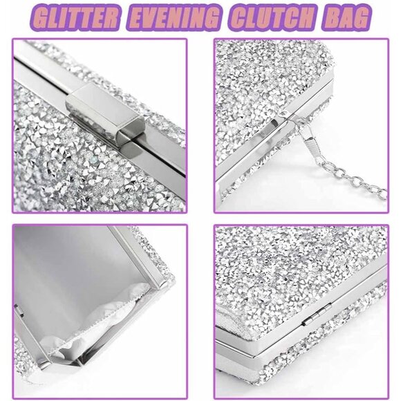 ⚡ Women\'s Glitter Double Sided Diamond Evening Clutch Crossbody Silver Bag